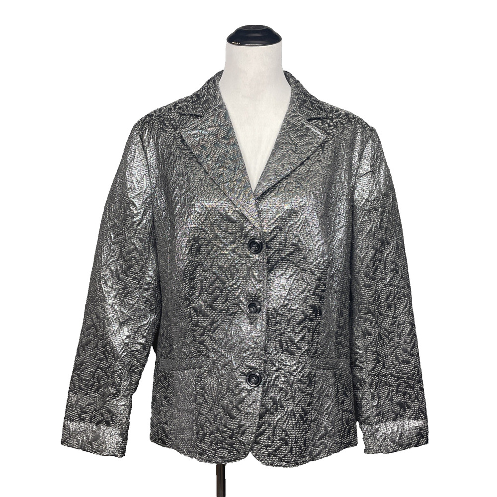 Chicos Sz 3 Womens XL Blazer Silver Metallic Textured Jacket 3 Button Shimmer